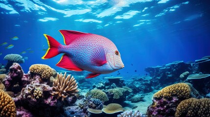 Giant tropical sea fish underwater at bright and colorful coral reef
