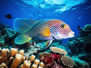 Giant beautiful tropical sea fish underwater at bright and colorful coral reef