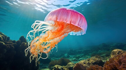 Fototapeta na wymiar Giant tropical jellyfish underwater at bright and colorful coral reef