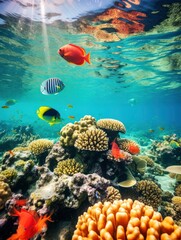 Fototapeta premium Bright and colorful underwater world, fishes and plants life on the background of coral reefs
