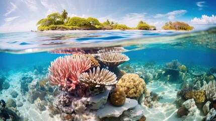 Bright and colorful half underwater world photo, fishes and plants life on the background of coral reefs