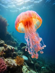 Giant tropical jellyfish underwater at bright and colorful coral reef