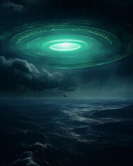ufo from space in the sky with green hues.