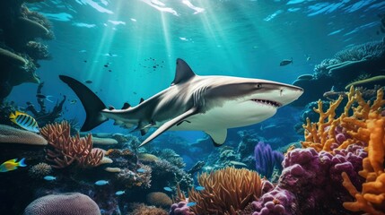 Obraz premium Giant tropical shark underwater at bright and colorful coral reef