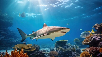 Fototapeta na wymiar Giant tropical shark underwater at bright and colorful coral reef