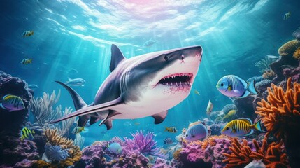 Fototapeta premium Giant tropical shark underwater at bright and colorful coral reef
