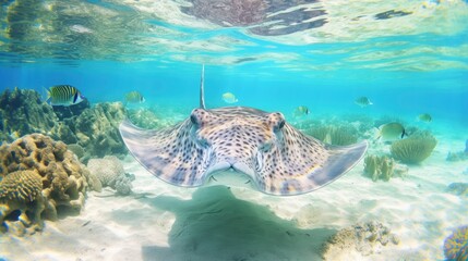 Giant tropical stingray underwater at bright and colorful coral reef