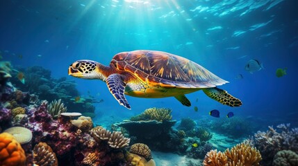 Obraz premium Giant tropical sea turtle underwater at bright and colorful coral reef