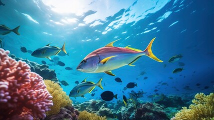 Giant tropical sea tuna fish underwater at bright and colorful coral reef