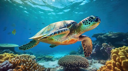 Naklejka premium Giant tropical sea turtle underwater at bright and colorful coral reef