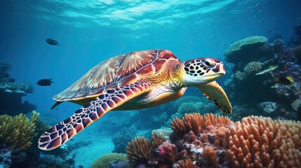 Giant tropical sea turtle underwater at bright and colorful coral reef