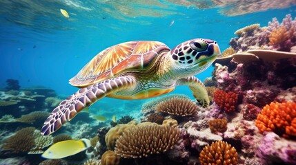 Obraz premium Giant tropical sea turtle underwater at bright and colorful coral reef
