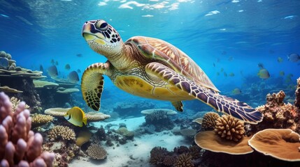 Obraz premium Giant tropical sea turtle underwater at bright and colorful coral reef