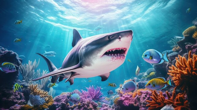 Giant tropical shark underwater at bright and colorful coral reef