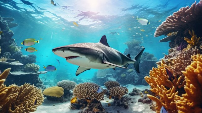 Giant tropical shark underwater at bright and colorful coral reef