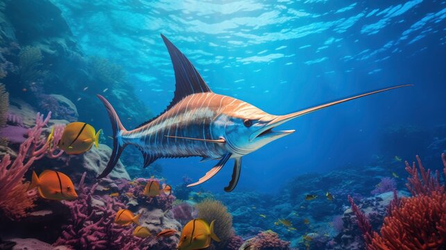 Giant tropical swordfish underwater at bright and colorful coral reef