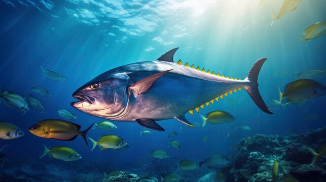 Giant tropical sea tuna fish underwater at bright and colorful coral reef