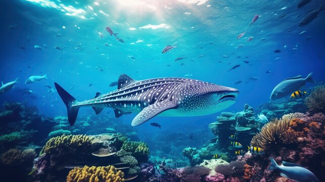 Giant tropical whaleshark underwater at bright and colorful coral reef