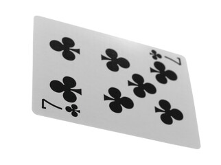 Flying playing card for poker and gambling, seven club isolated on white, clipping path