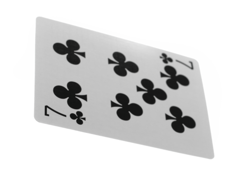 Flying playing card for poker and gambling, seven club isolated on white, clipping path