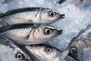 Obraz premium Fresh mackerel fish on ice. Ai Generative
