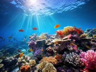 Naklejka na ściany i meble Bright and colorful underwater world, fishes and plants life on the background of coral reefs