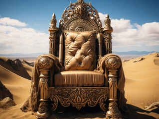 Golden throne in the middle of the desert among sand dunes