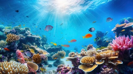 Bright and colorful underwater world, fishes and plants life on the background of coral reefs - obrazy, fototapety, plakaty