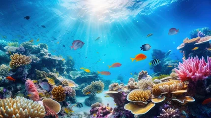 Poster Bright and colorful underwater world, fishes and plants life on the background of coral reefs © shooreeq