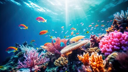 Bright and colorful underwater world, fishes and plants life on the background of coral reefs