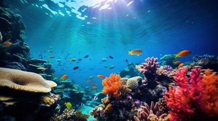 Fototapeta na wymiar Bright and colorful underwater world, fishes and plants life on the background of coral reefs