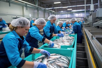 Women working in a fish processing factory - obrazy, fototapety, plakaty