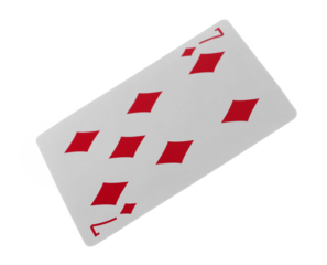 Flying playing card for poker and gambling, seven diamond isolated on white, clipping path