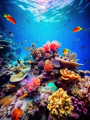 Obraz na płótnie Canvas Bright and colorful underwater world, fishes and plants life on the background of coral reefs