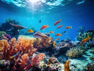 Obraz na płótnie Canvas Bright and colorful underwater world, fishes and plants life on the background of coral reefs