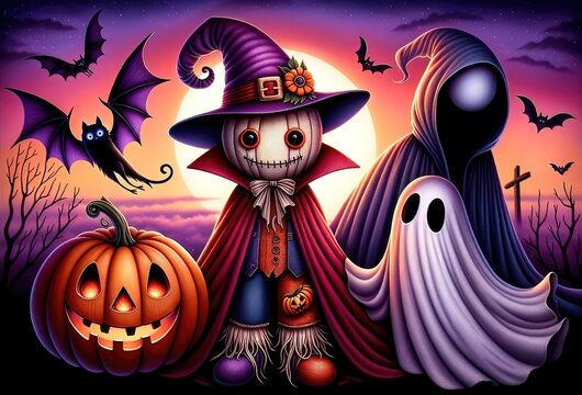 vibrant halloween illustration showcasing a glowing carved pumpkin, a whimsical scarecrow in a purple hat, playful bats, a grim reaper, and a friendly ghost against a mesmerizing sunset backdrop.