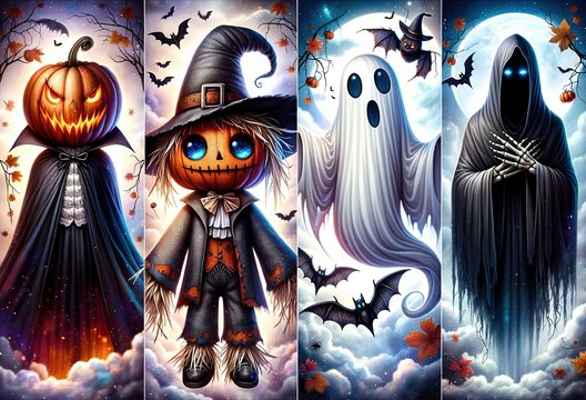 Halloween illustration with a glowing cloaked pumpkin, whimsical scarecrow in a witch's hat, a white ghost, and a shadowy figure with blue eyes.