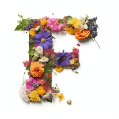 Letter F of the English alphabet made of flowers, isolated on white