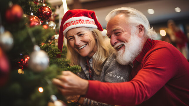 Celebrating the Winter Holidays, Mature Senior Couple Decorating Christmas Tree at Home