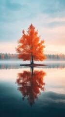 Naklejka na ściany i meble a calm lake reflecting the fiery foliage of trees, an ideal choice for a smartphone background.