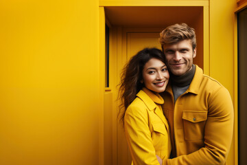A loving interracial couple with yellow clothes in front their yellow house.