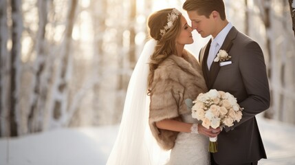 Married couple in Sophisticated Winter Wedding Ceremony: An Elegant Celebration Set Amidst a Picturesque Snowy Landscape - Powered by Adobe