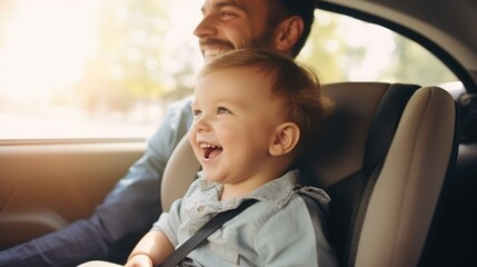 Loving Dad Assisting His Adorable Baby into a Car Seat for a Safe and Happy Ride: Father's Care - obrazy, fototapety, plakaty