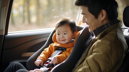 Loving Asian Dad Assisting His Adorable Baby into a Car Seat for a Safe and Happy Ride: Father's Care