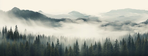 Obraz na płótnie Canvas a fog-draped fir forest, evoking a sense of nostalgia and mystery.