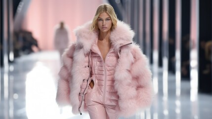 Luxurious Fashion Show: Beautiful Model Strutting Down the Catwalk, Runway Elegance in Winter