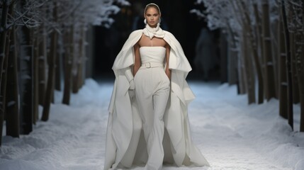 Luxurious Fashion Show: Beautiful Model Strutting Down the Catwalk, Runway Elegance in Winter