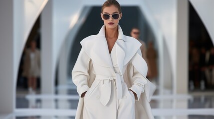 Luxurious Fashion Show: Beautiful Model Strutting Down the Catwalk, Runway Elegance in Winter - obrazy, fototapety, plakaty