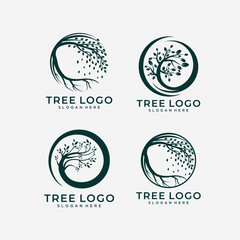 Abstract Tree of life logo icons set. Organic nature symbols. Tree branch with leaves signs. Natural plant design elements emblems. Vector illustration. - obrazy, fototapety, plakaty