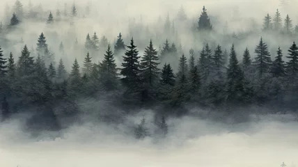 Zelfklevend Fotobehang Mistig bos a fog-draped fir forest, evoking a sense of nostalgia and mystery. SEAMLESS PATTERN. SEAMLESS WALLPAPER.
